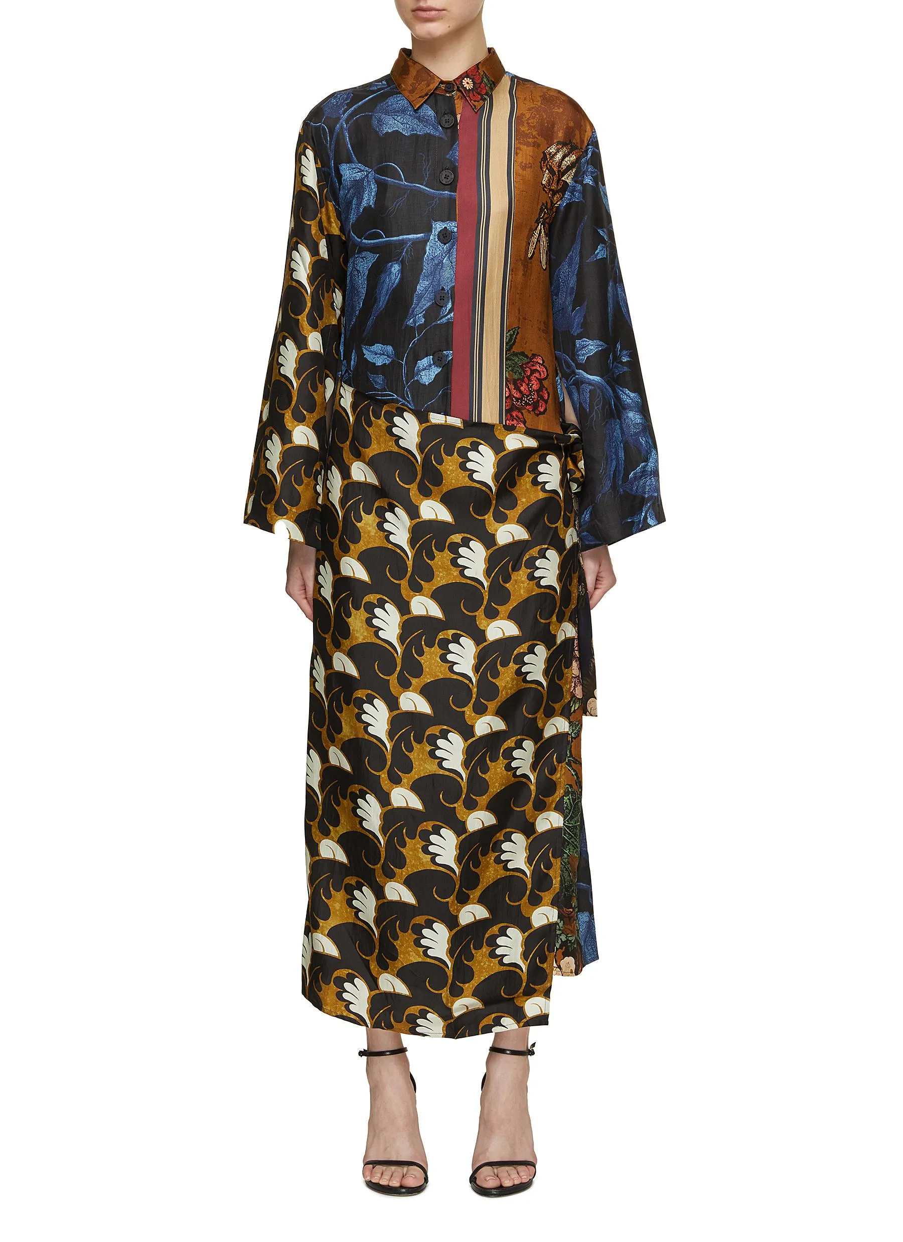 -----------BIYAN  ---- ------------ ----Aara Mixed Print Wrap Silk Shirt Dress --