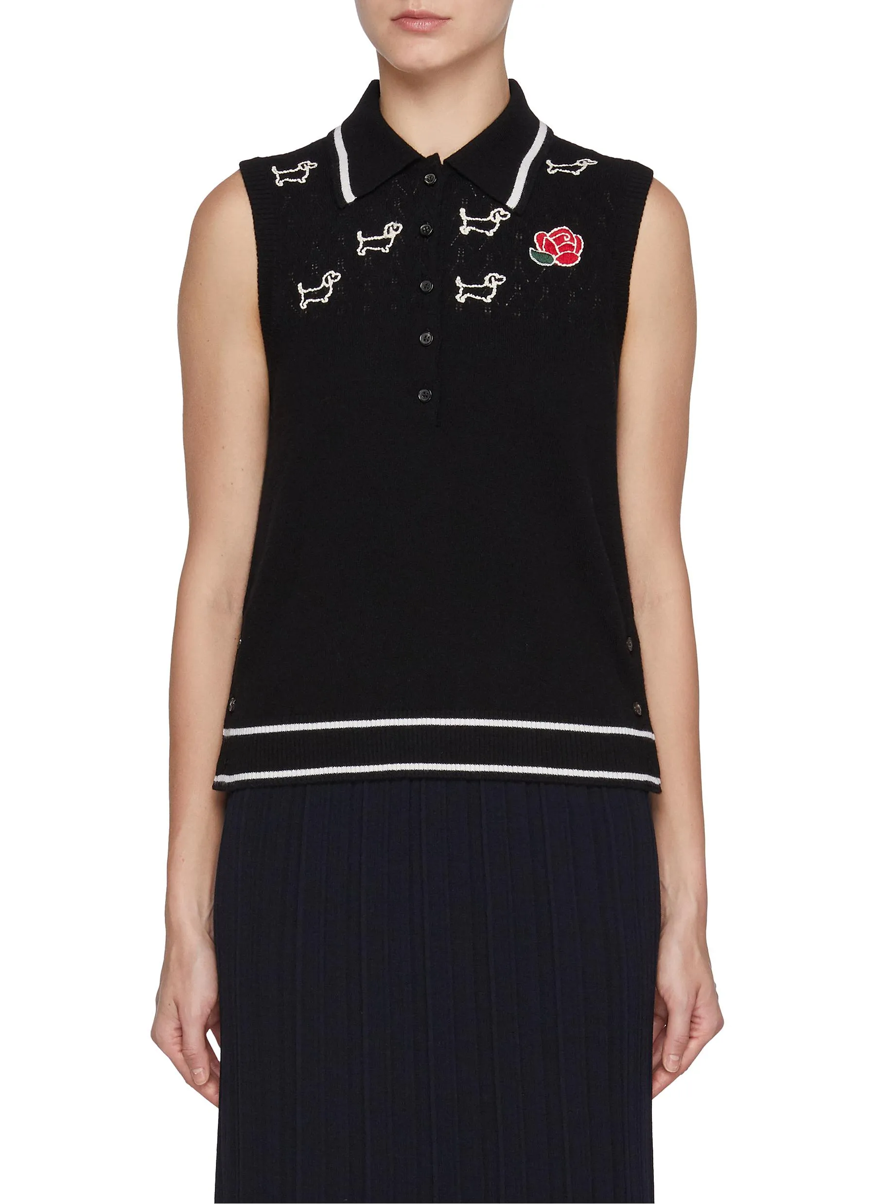 -----------THOM BROWNE   ---- ------------ ----Hector & Rose Embroidered Sleeveless Wool Polo Top --