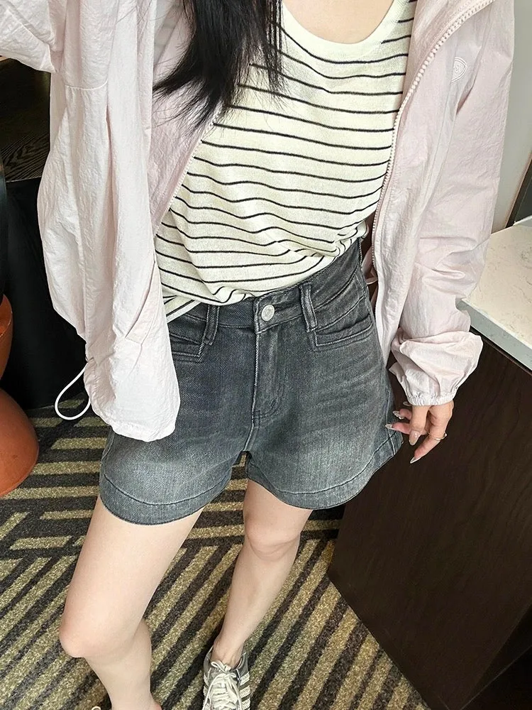 Ace pants! Retro distressed wide-leg denim shorts for women 2024 new summer high-waist slimming a-line hot pants