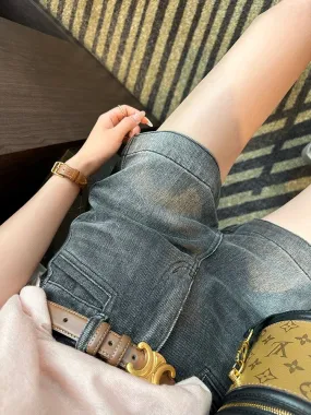 Ace pants! Retro distressed wide-leg denim shorts for women 2024 new summer high-waist slimming a-line hot pants