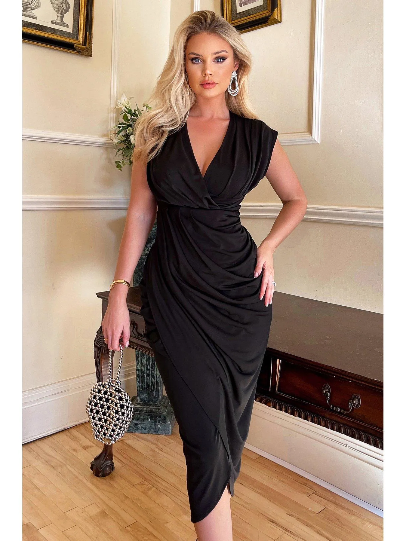 AX Paris Black Wrap Draped Midi Dress