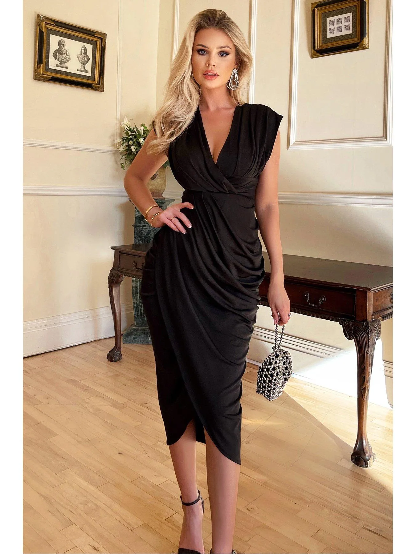 AX Paris Black Wrap Draped Midi Dress