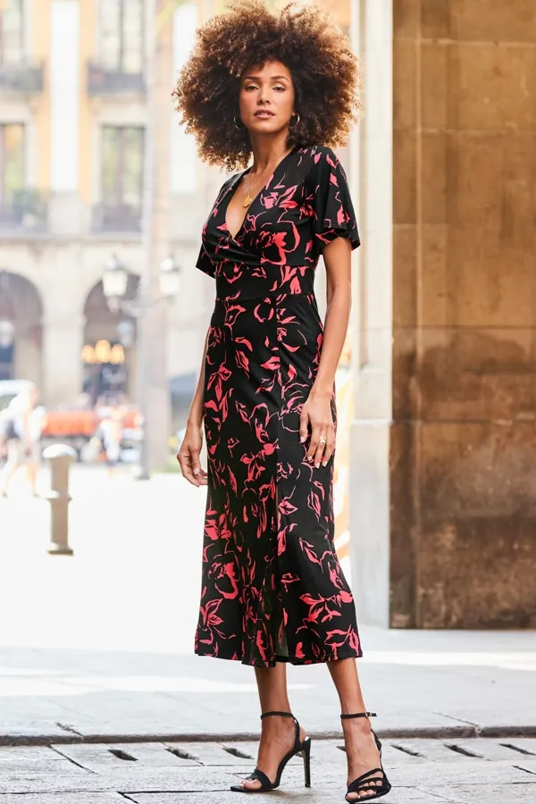 Black & Pink Floral Print Wrap Front Midi Jersey Dress