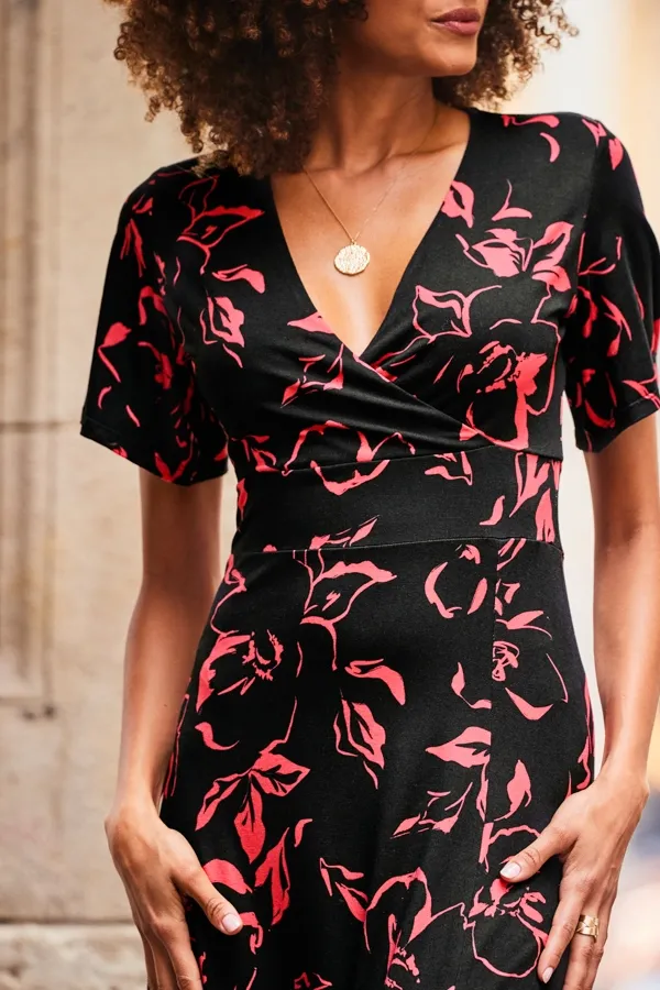 Black & Pink Floral Print Wrap Front Midi Jersey Dress