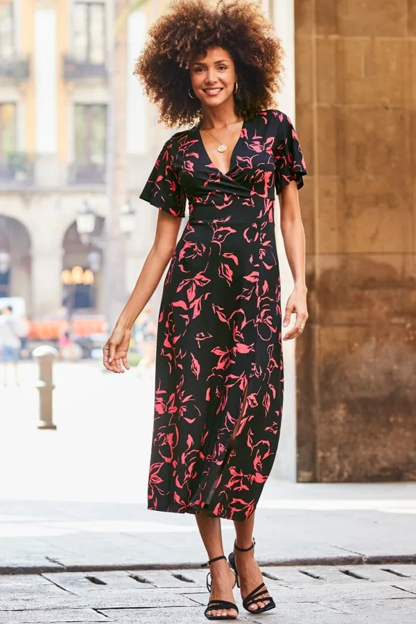 Black & Pink Floral Print Wrap Front Midi Jersey Dress