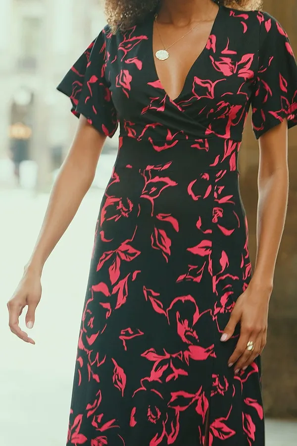 Black & Pink Floral Print Wrap Front Midi Jersey Dress