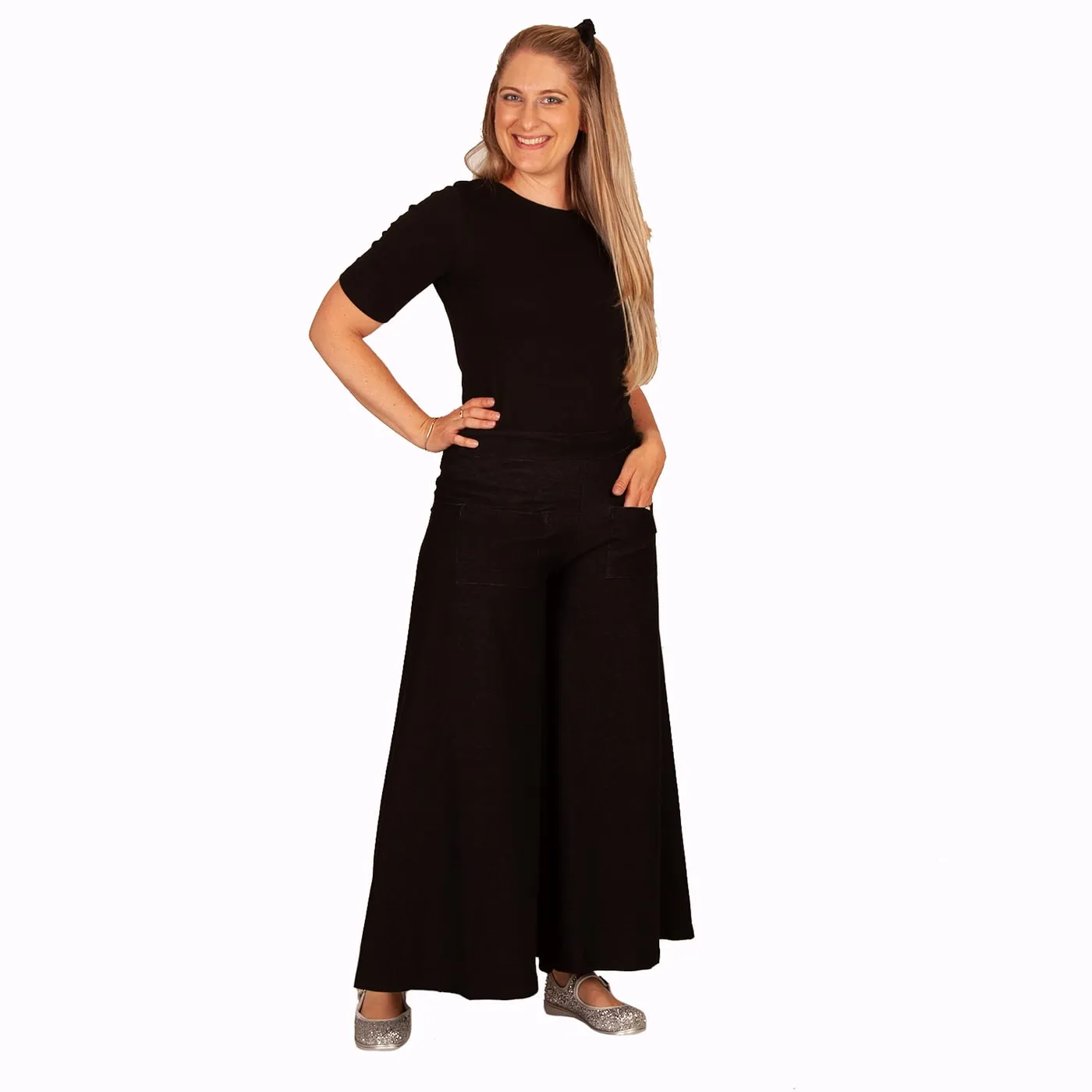 Black Denim Look Wide Leg Pants With Pockets