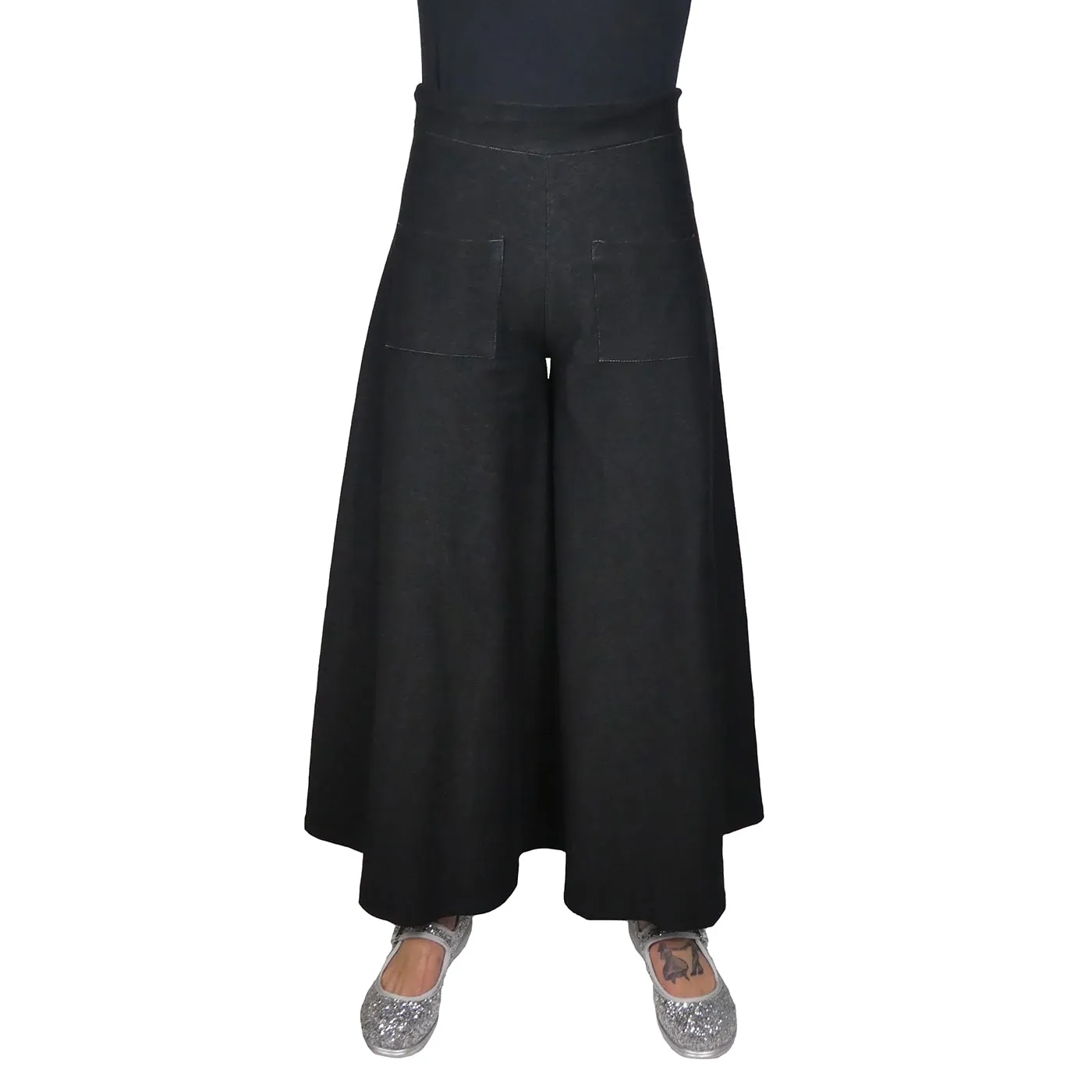 Black Denim Look Wide Leg Pants With Pockets