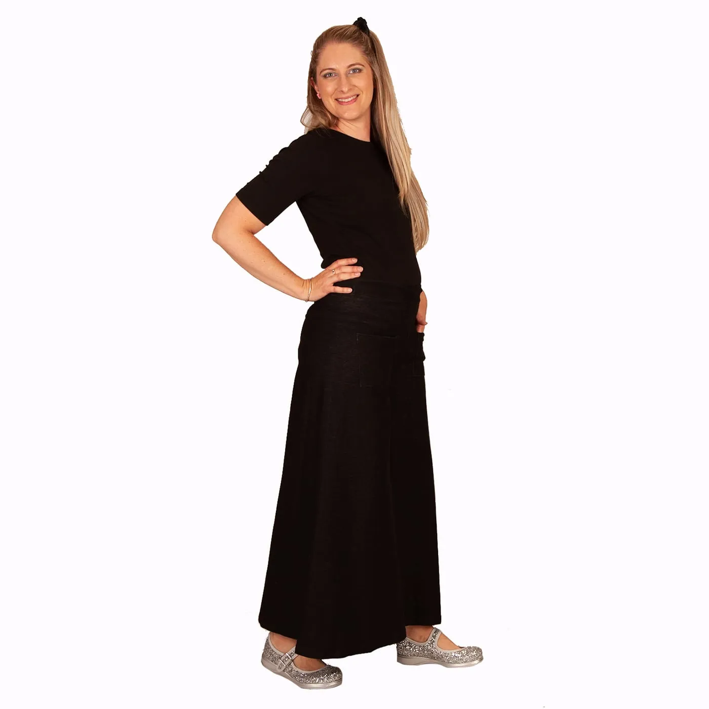 Black Denim Look Wide Leg Pants With Pockets