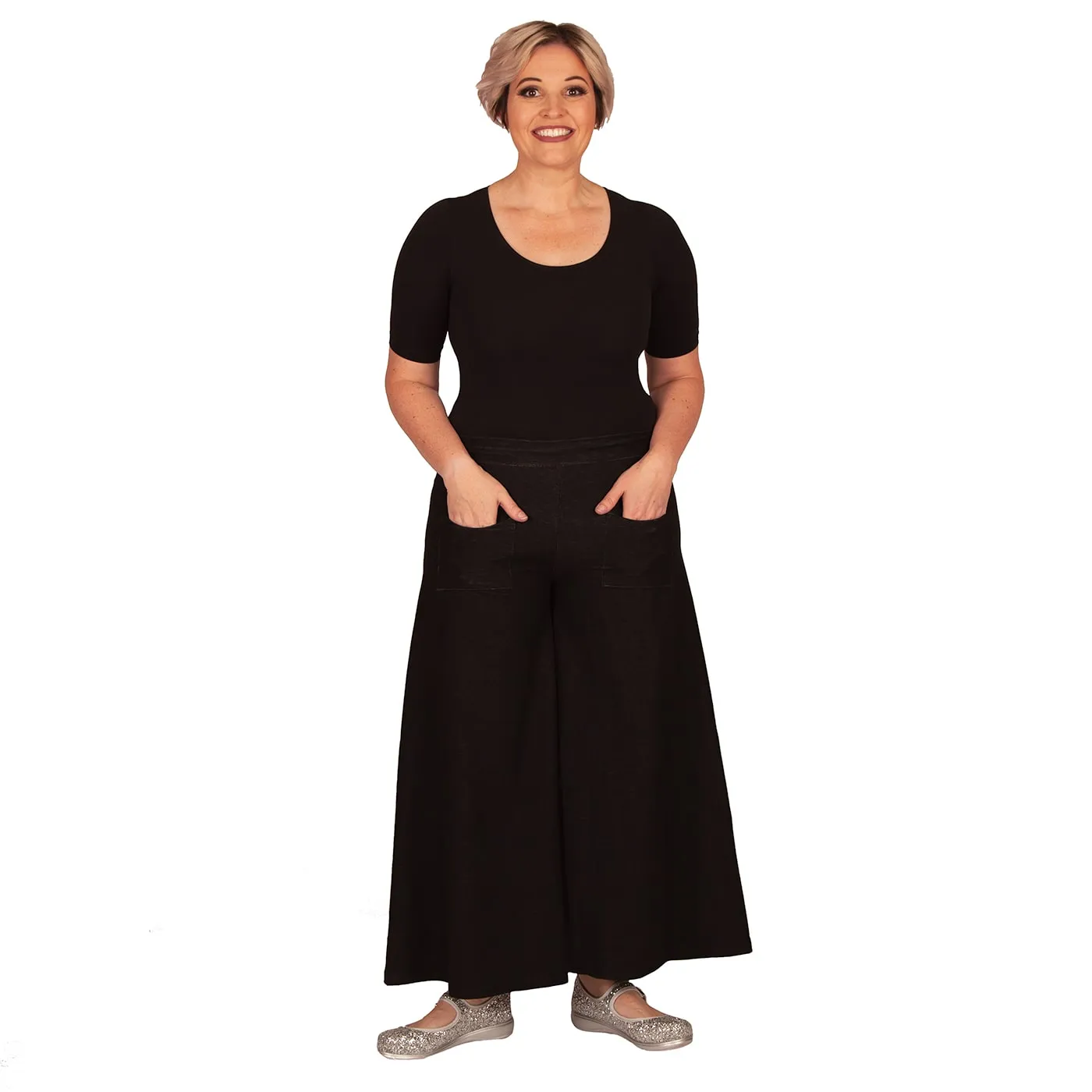 Black Denim Look Wide Leg Pants With Pockets