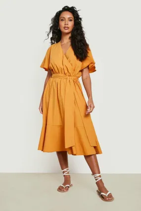 Cotton Poplin Wrap Frill Hem Midi Dress