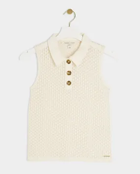 Cream sleeveless crochet polo top