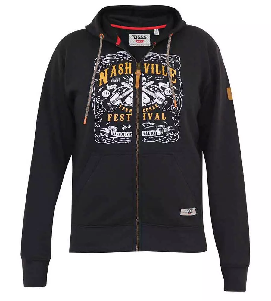 D555 Mens Black Full Zip Hoodie With Nashville Chest Print (KNEBWORTH)