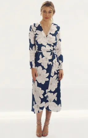 Dancing Leopard Yondal Midi Wrap Dress In Navy Bloom