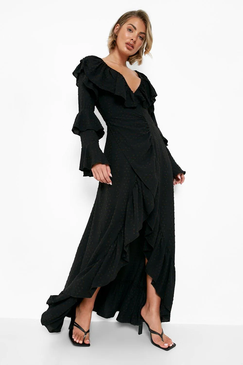 Dobby Ruffle Detail Wrap Front Maxi Dress