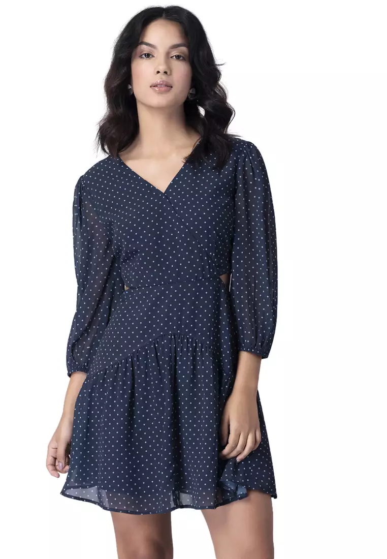 FabAlley Navy Polka Waist Cut Out Wrap Dress