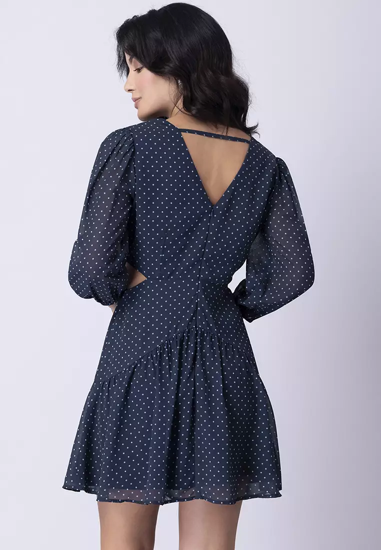 FabAlley Navy Polka Waist Cut Out Wrap Dress