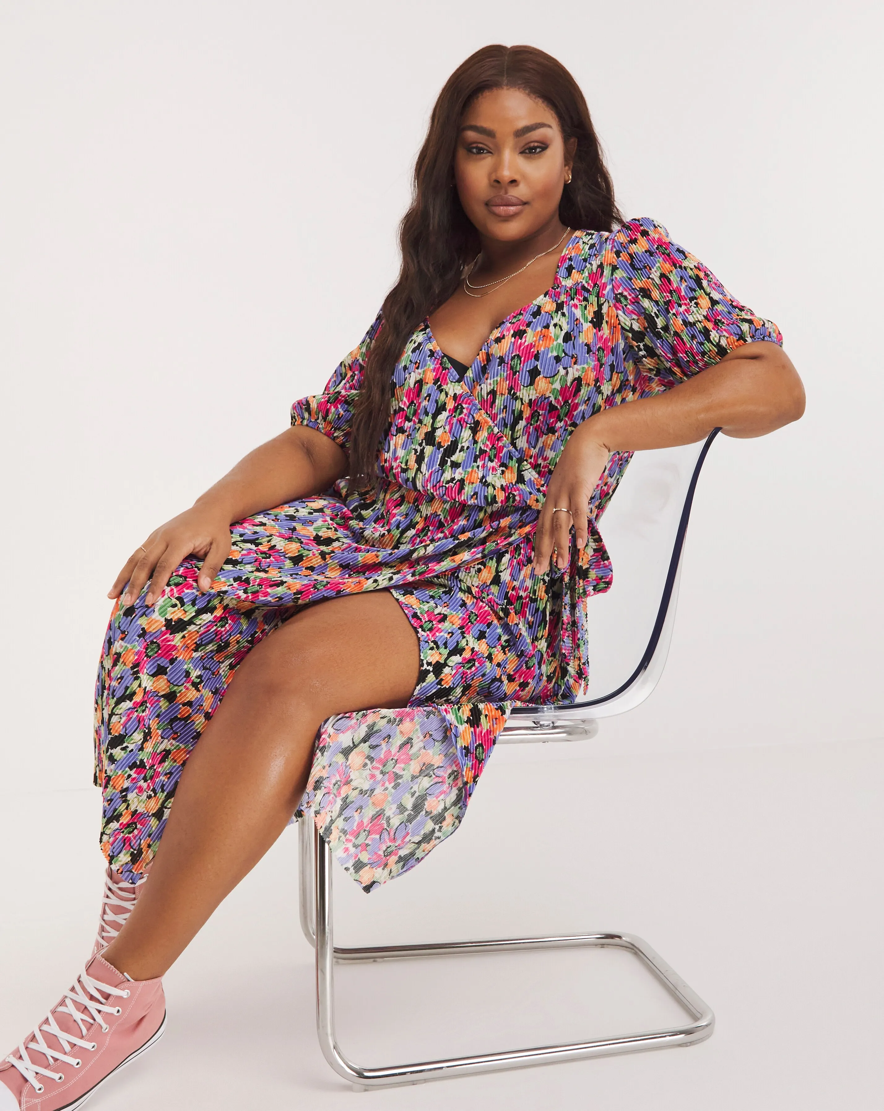 Floral Print Plisse Wrap Front Midi Dress | Simply Be