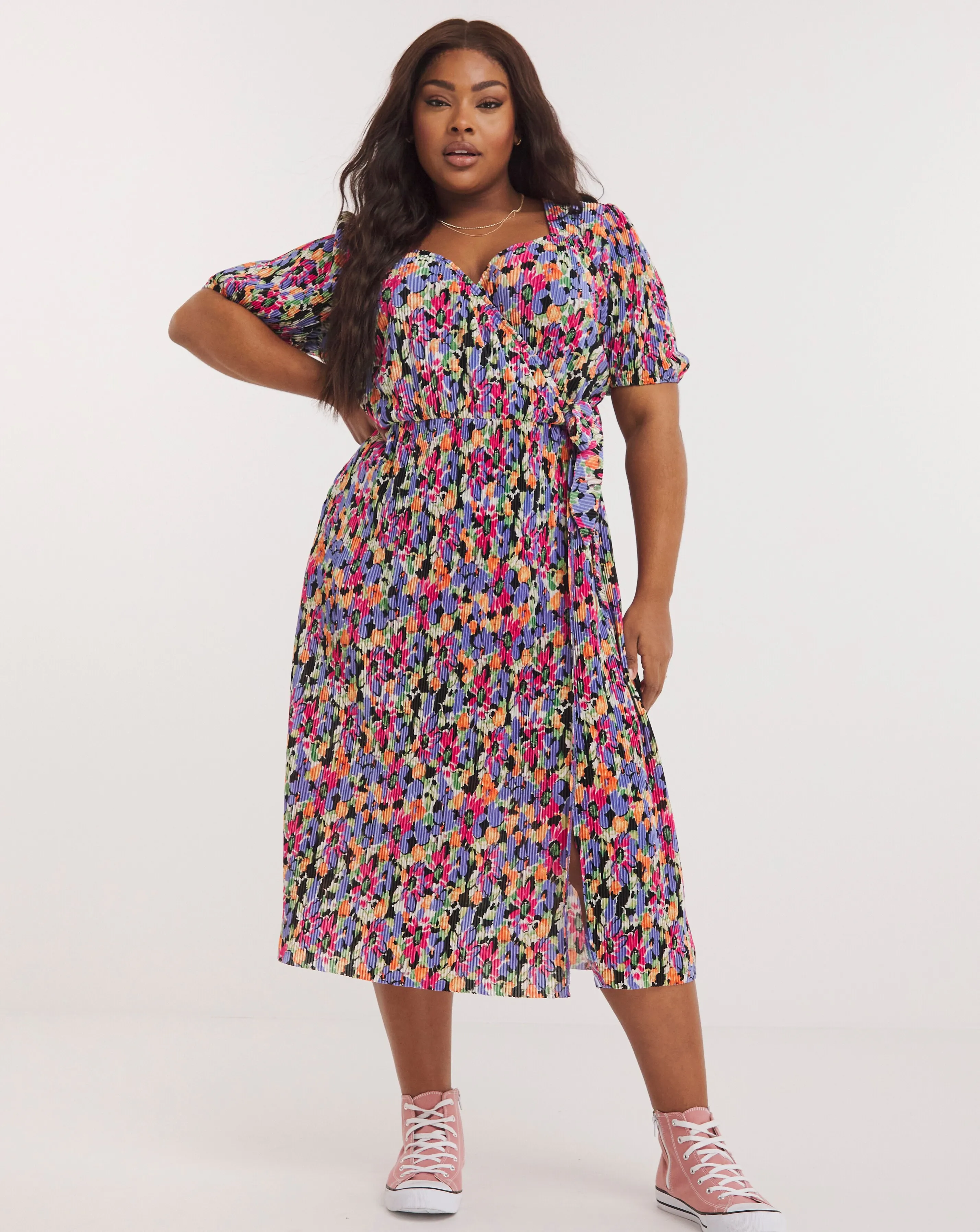 Floral Print Plisse Wrap Front Midi Dress | Simply Be