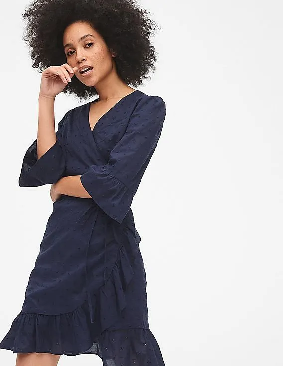 GAP Women Blue Eyelet Embroidered Ruffle Wrap Dress