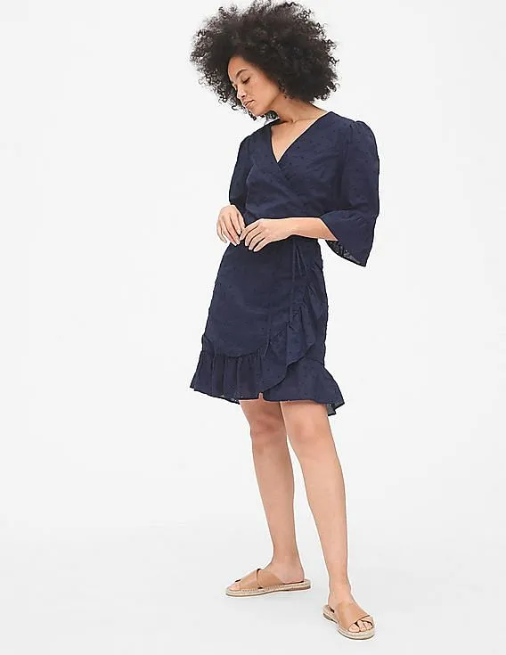 GAP Women Blue Eyelet Embroidered Ruffle Wrap Dress