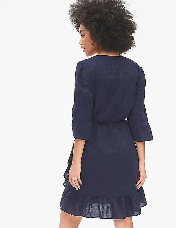 GAP Women Blue Eyelet Embroidered Ruffle Wrap Dress