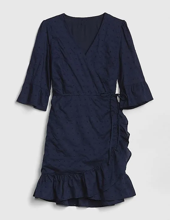 GAP Women Blue Eyelet Embroidered Ruffle Wrap Dress