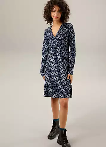 Graphic Print V-Neck Wrap Jersey Dress by Aniston | Look Again