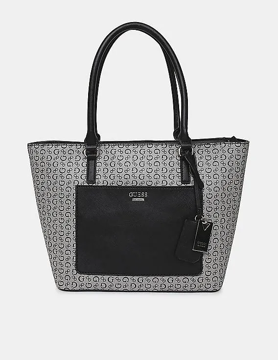 GUESS Women Grey And Black Printed Cuba Small Carryall Tote