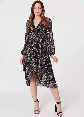 Izabel London Black Floral High Low Wrap Midi Dress | Grattan