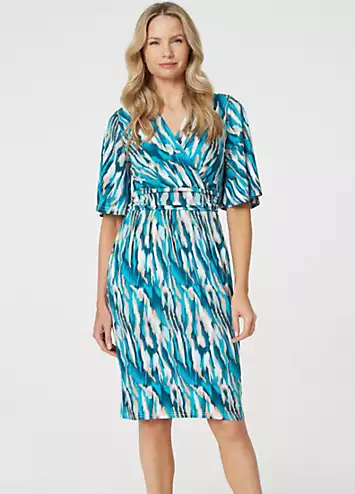 Izabel London Multi Green Printed Short Angel Sleeve Faux Wrap Dress | Grattan