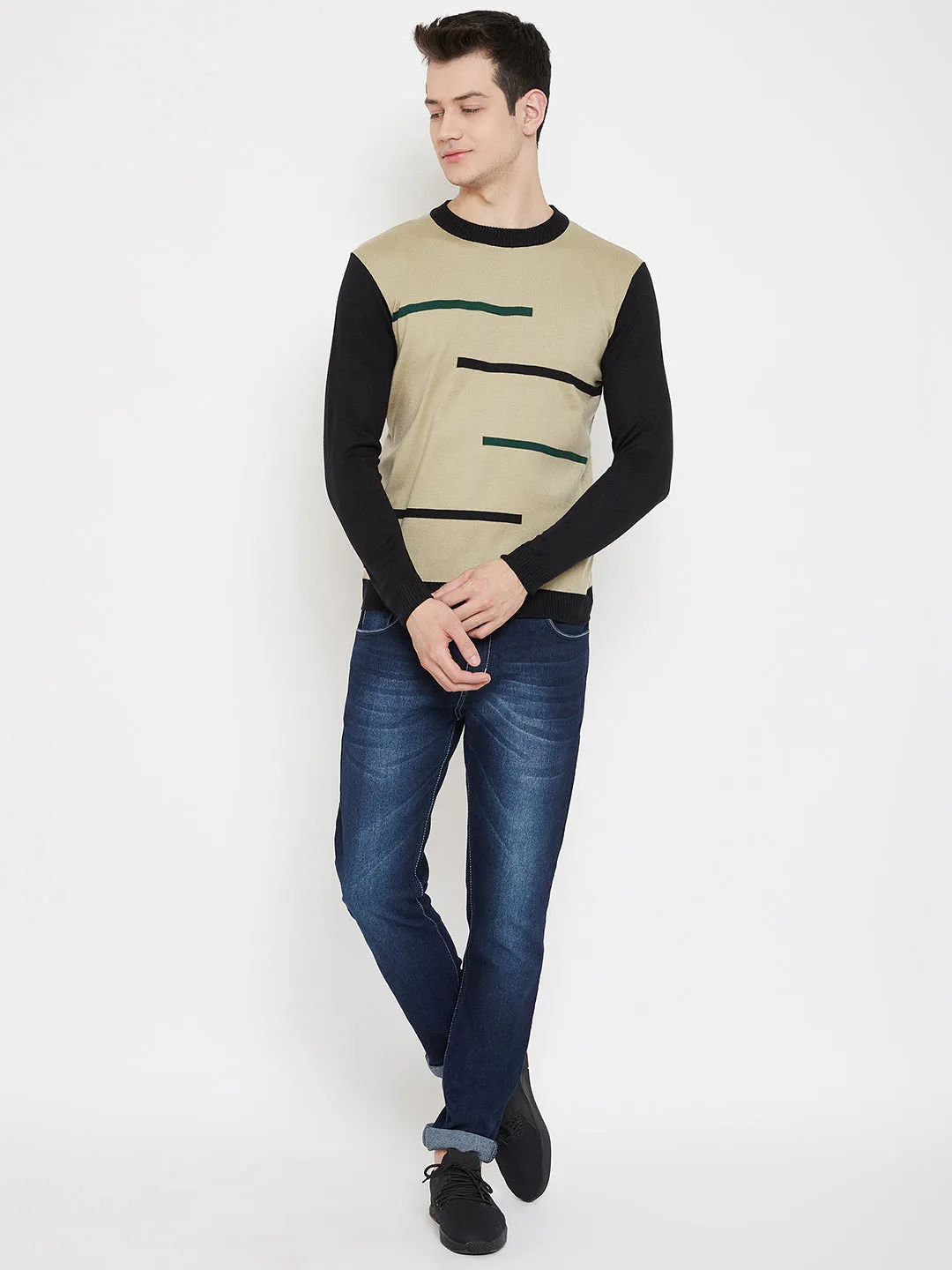 JUMP USA Men Beige Solid Round Neck Casual Pullover