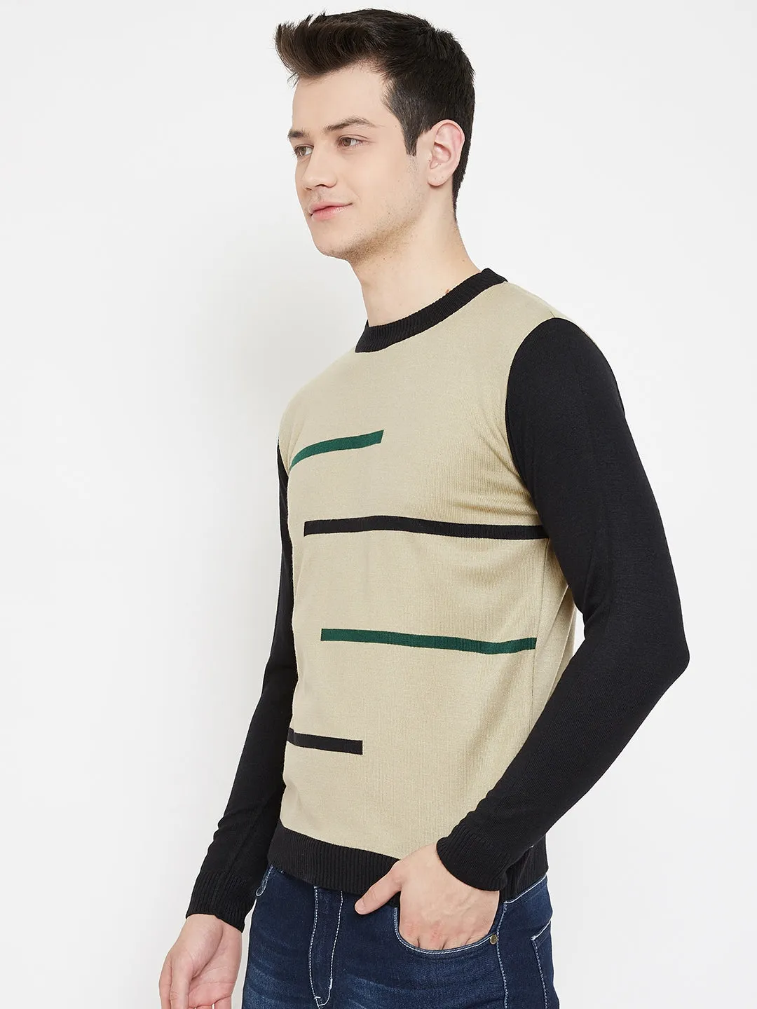 JUMP USA Men Beige Solid Round Neck Casual Pullover