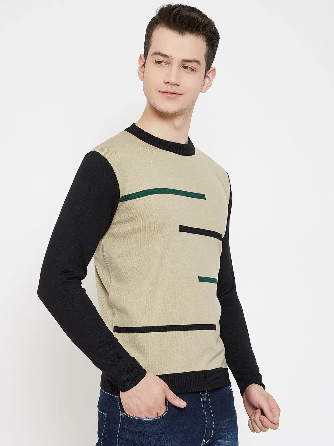 JUMP USA Men Beige Solid Round Neck Casual Pullover