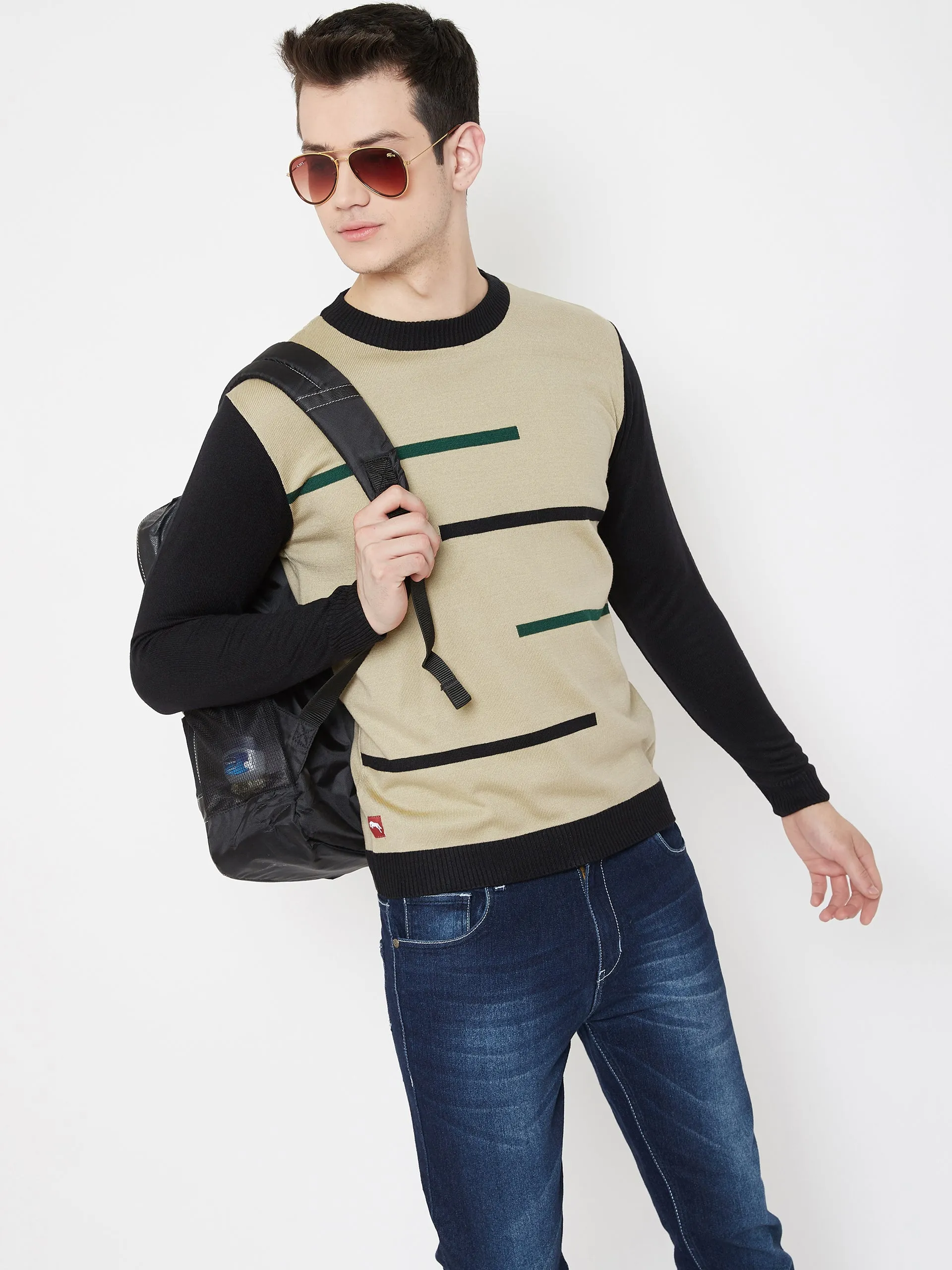 JUMP USA Men Beige Solid Round Neck Casual Pullover