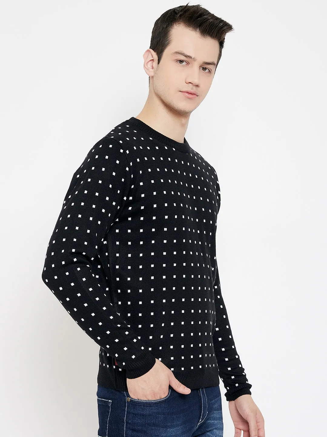 JUMP USA Men Black Checked Round Neck Casual Pullover