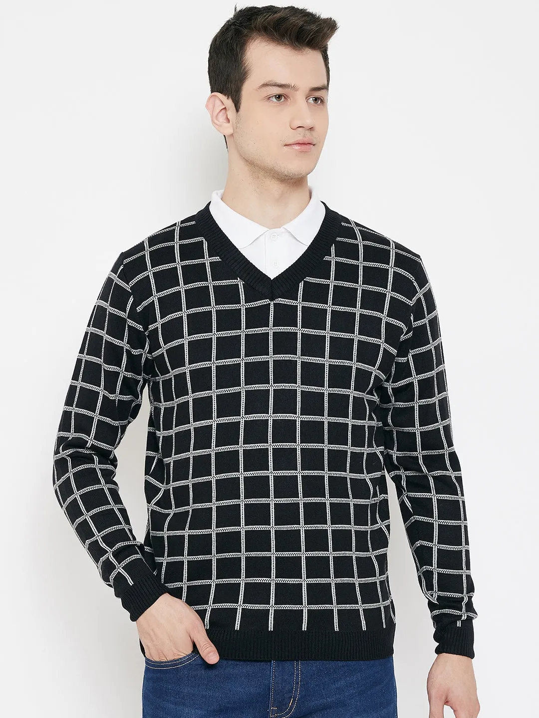 JUMP USA Men Black Checked V-Neck Casual Pullover