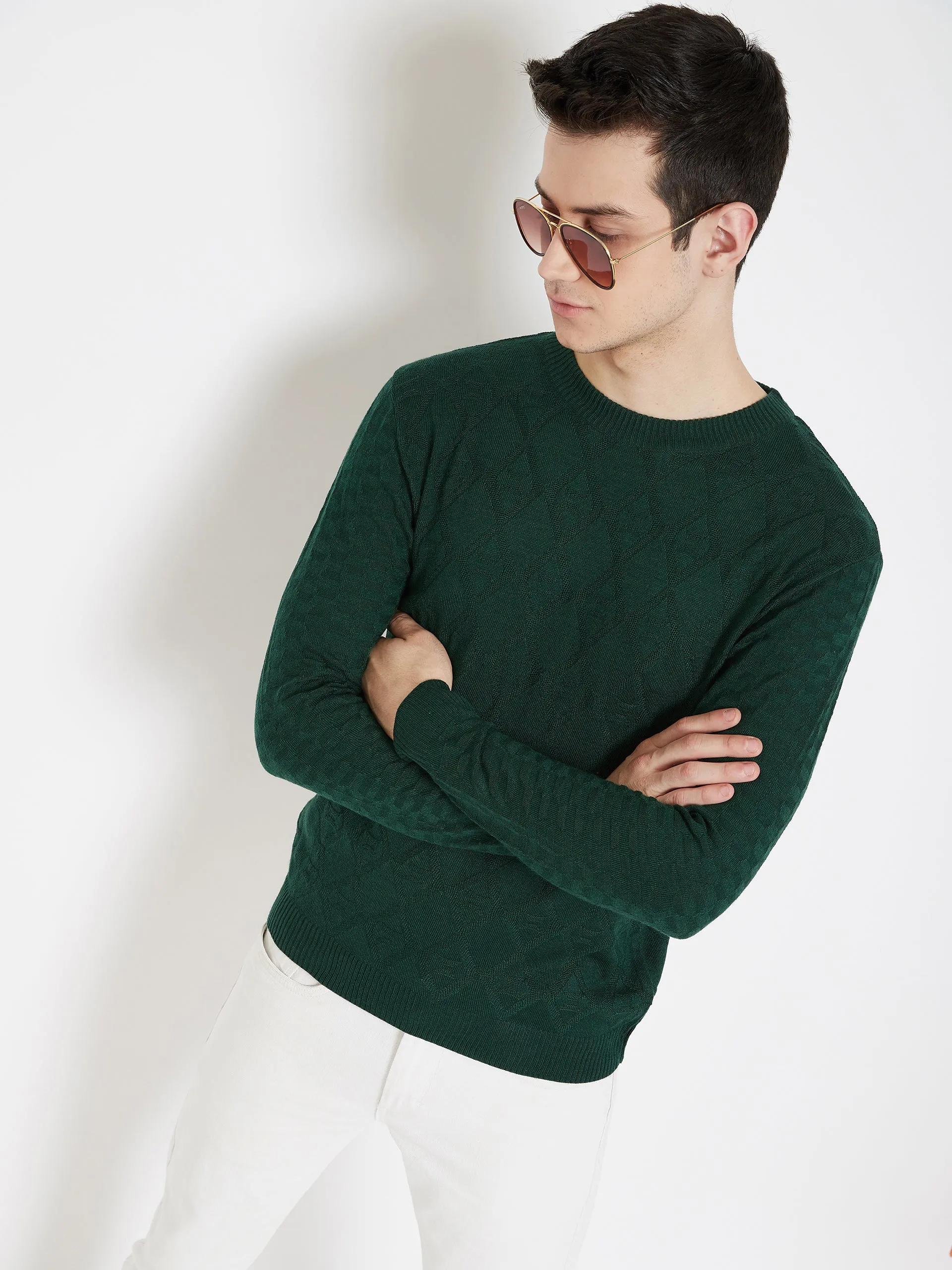 JUMP USA Men Green  Solid Round Neck Casual Pullover