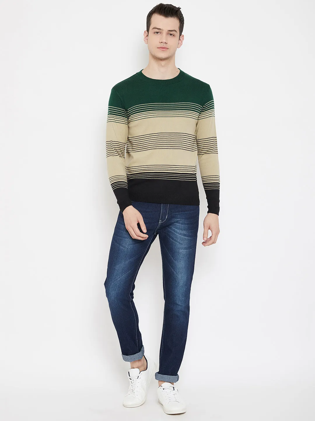 JUMP USA Men Green Striped Round Neck Casual Pullover