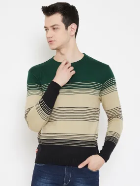 JUMP USA Men Green Striped Round Neck Casual Pullover