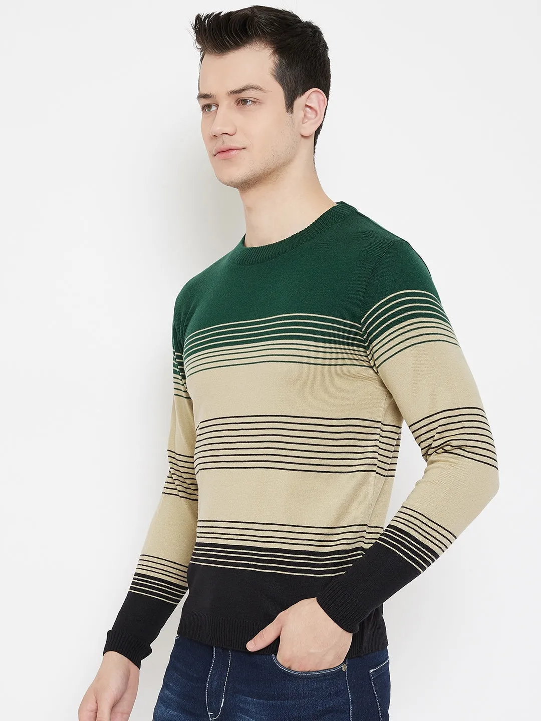 JUMP USA Men Green Striped Round Neck Casual Pullover