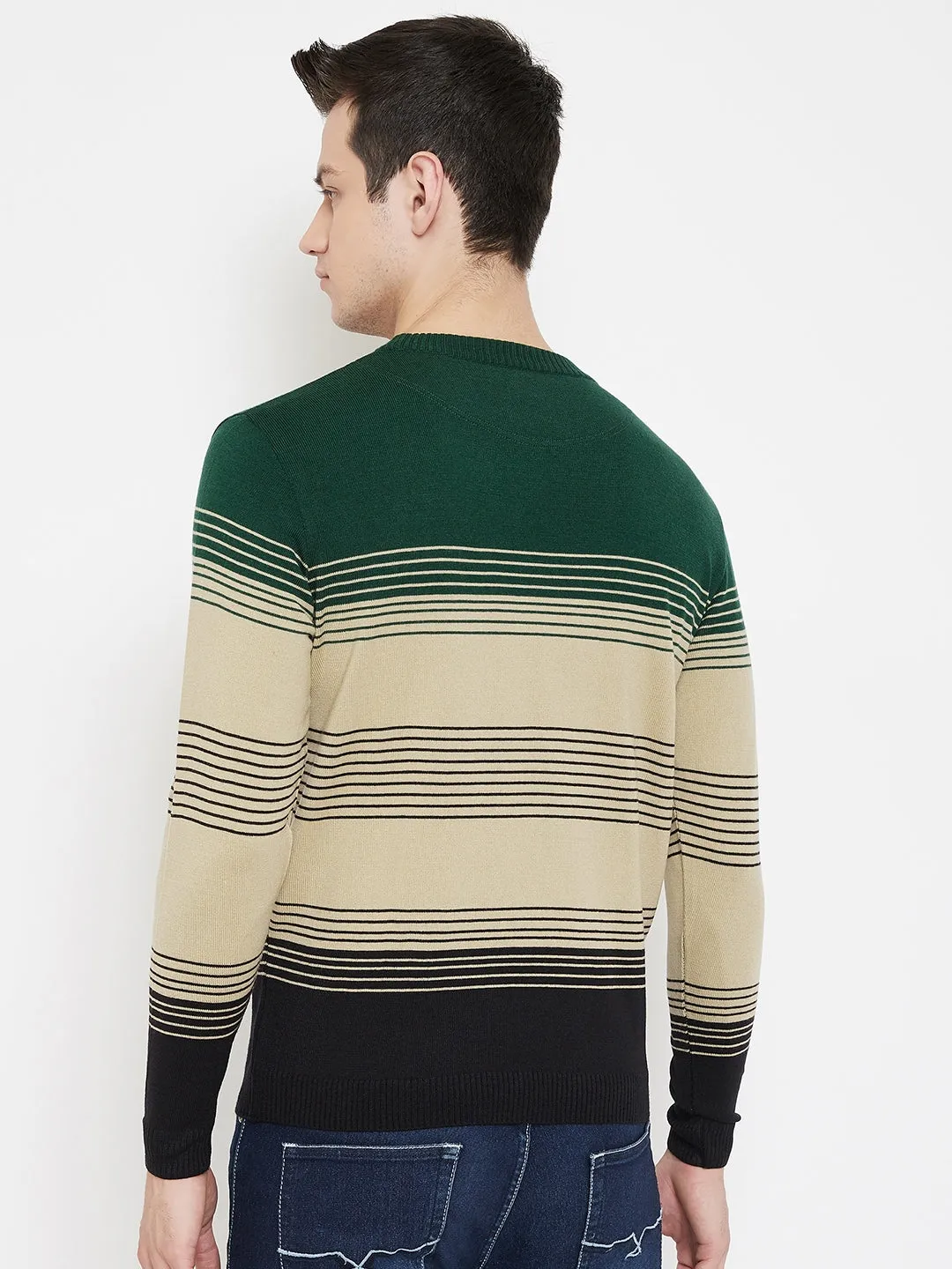 JUMP USA Men Green Striped Round Neck Casual Pullover