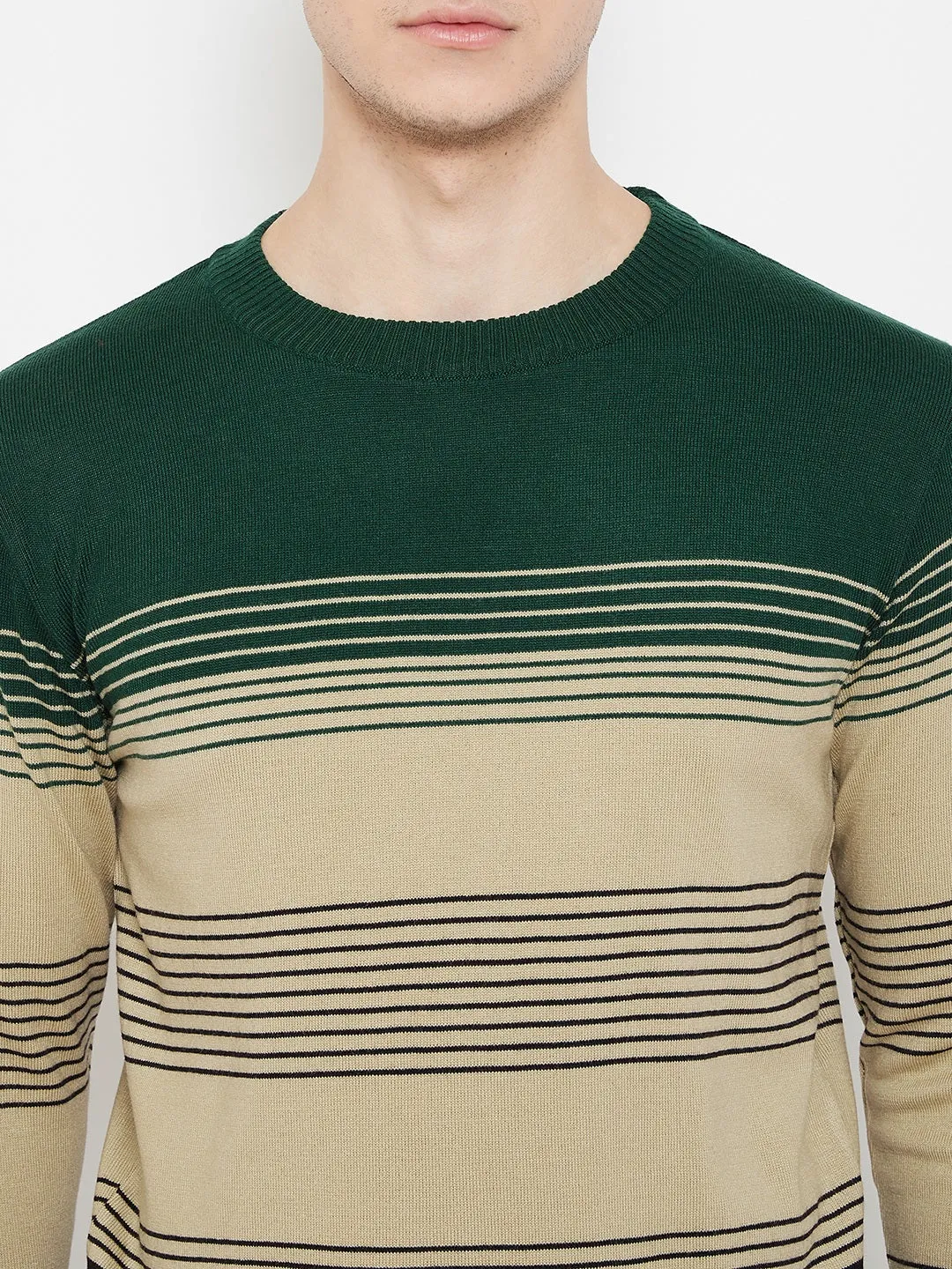 JUMP USA Men Green Striped Round Neck Casual Pullover