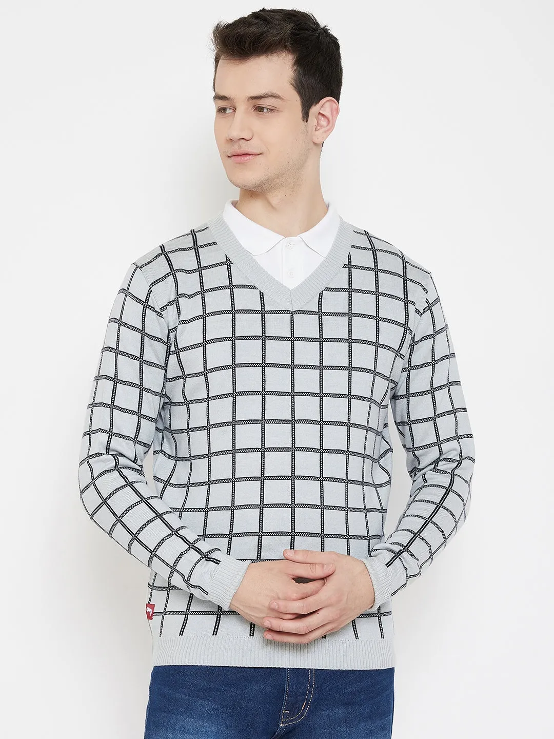 JUMP USA Men Grey Checked V-Neck Casual Pullover