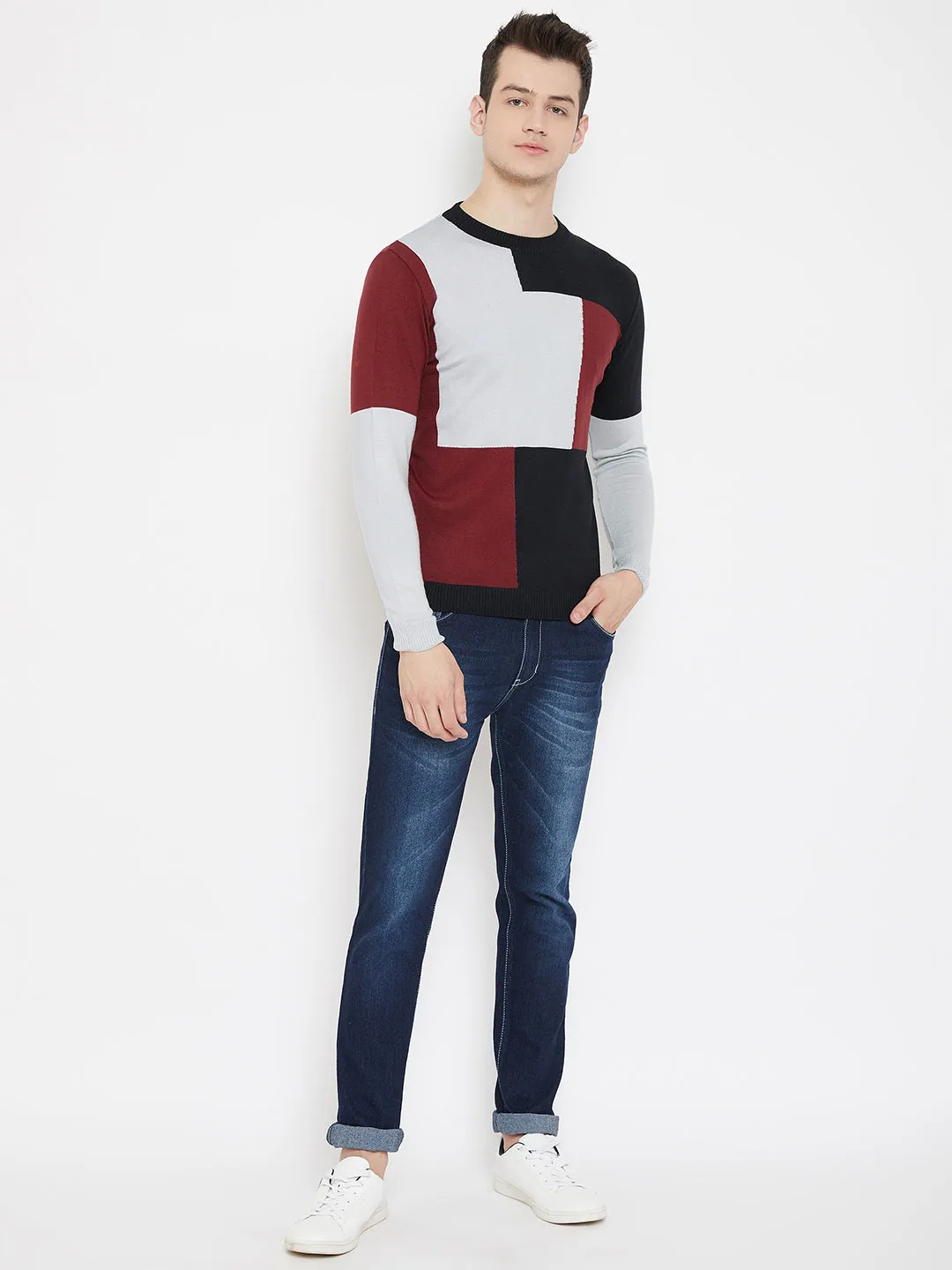 JUMP USA Men Red Colourblocked Round Neck Casual Pullover