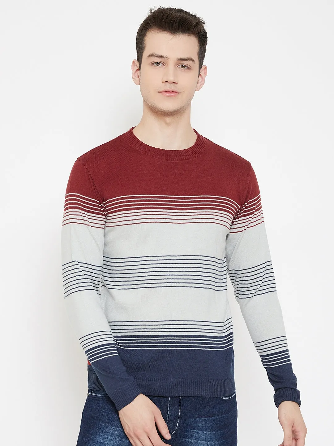 JUMP USA Men Red Striped Round Neck Casual Pullover