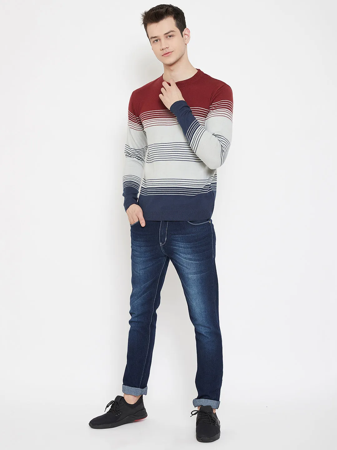 JUMP USA Men Red Striped Round Neck Casual Pullover