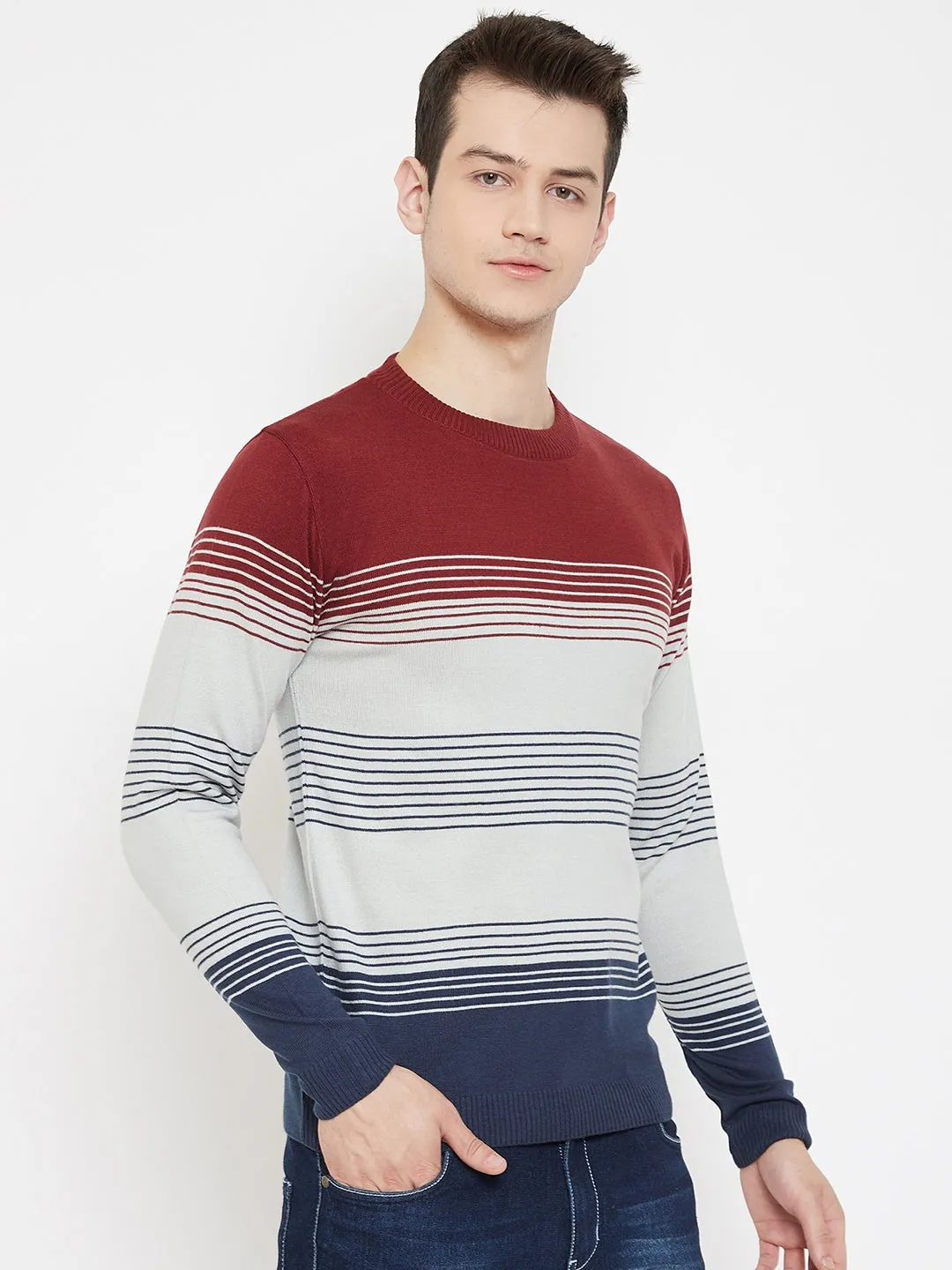 JUMP USA Men Red Striped Round Neck Casual Pullover