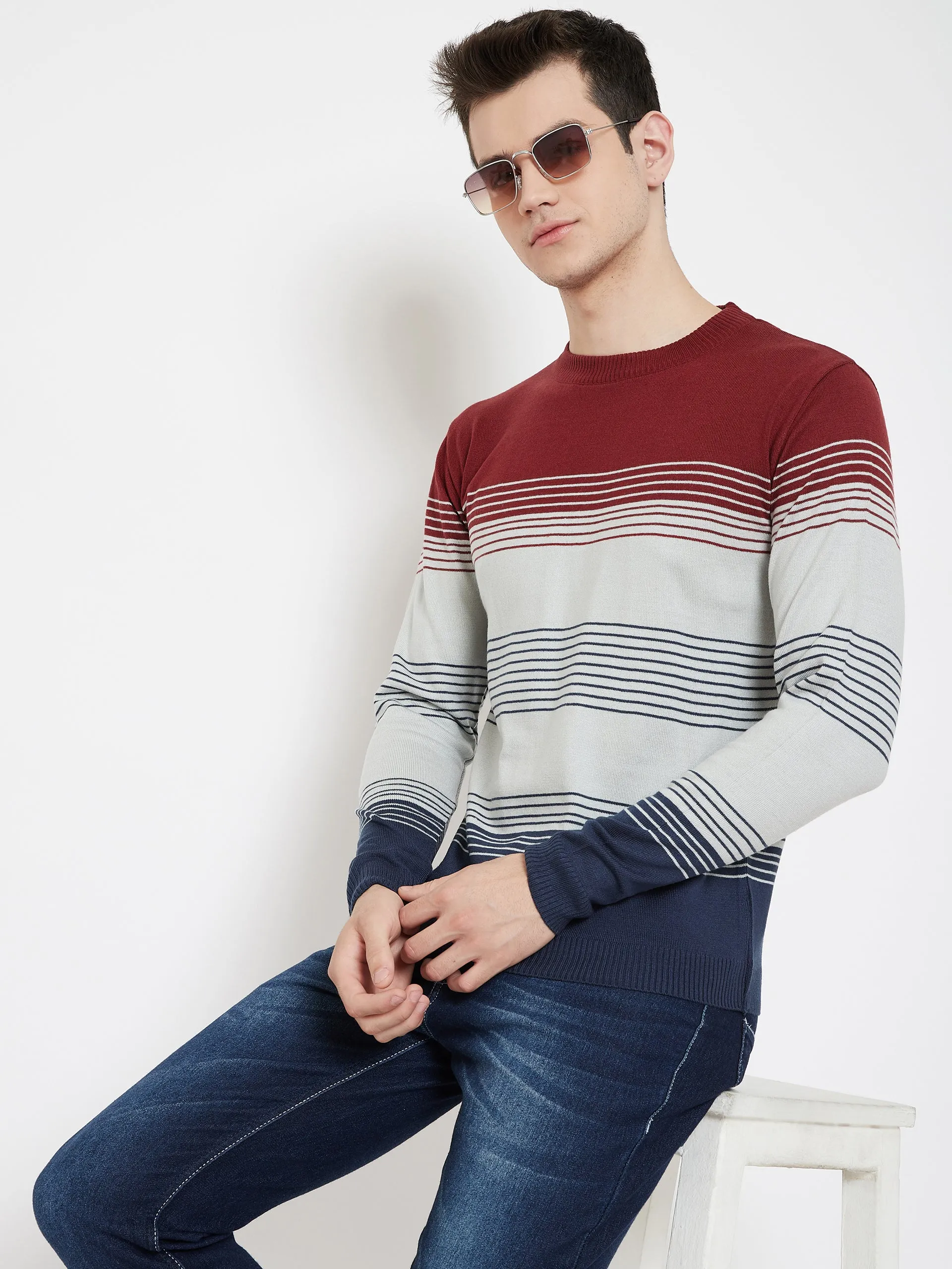 JUMP USA Men Red Striped Round Neck Casual Pullover