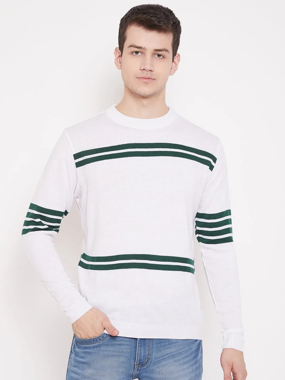 JUMP USA Men White Striped Round Neck Casual Pullover